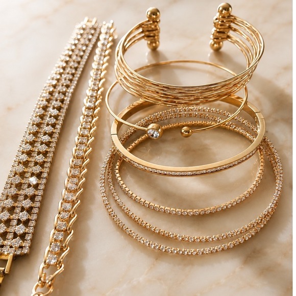 Sequin Jewelry - Stackable Bangle Bracelet Set 8 Piece Glam Layered Crystals Gold Tones
